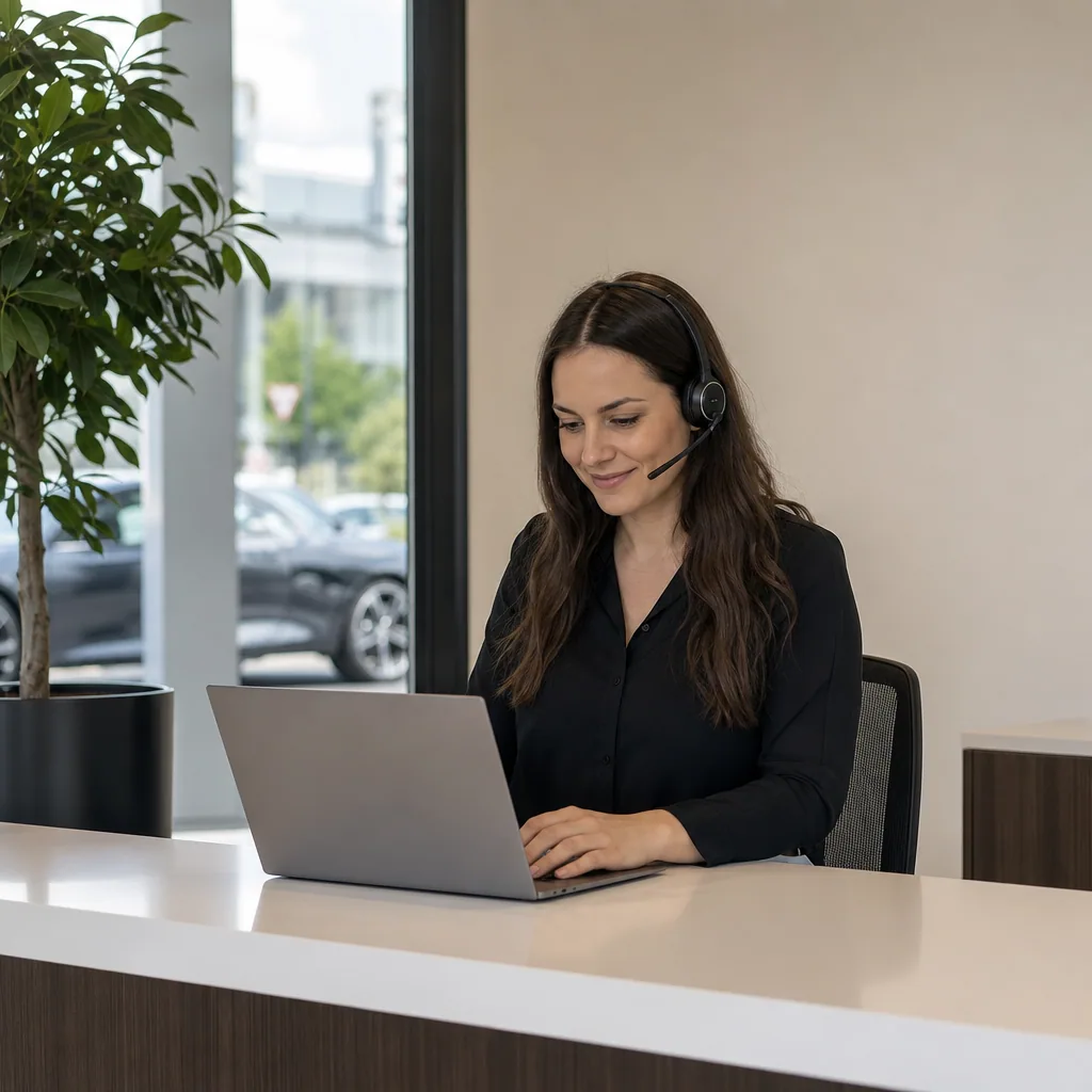 Receptionist in a quiet dealership office reviewing a callback list on a laptop.